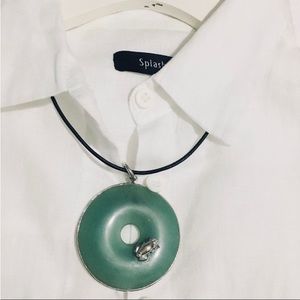 Green Jade Donut w/ 3D Frog in Sterling/ Rhodium